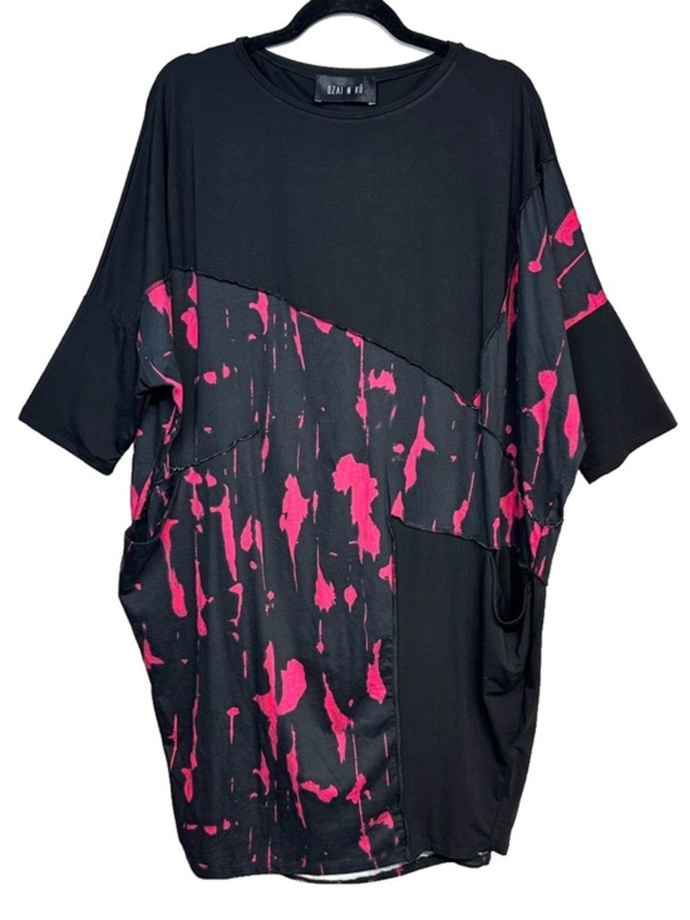 Ozai N Ku Black Rosewater Pink Boxy Dress Lagenlook Art to Wear Stretchy 2/Small